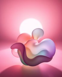 Explore an abstract composition featuring colorful 3D fluid shapes interacting with geometric forms, bathed in soft pastel co