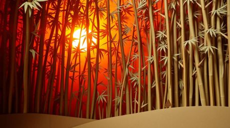 Experience the serene beauty of an intricate, origami-style bamboo forest bathed in the warm glow of the setting sun. This ar
