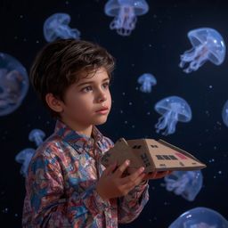 Exquisite high-fashion photography captures a boy's awe-inspiring adventure.  He builds a miraculously functional cardboard s