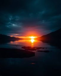 Moody, creative light art depicts a glassy fjord reflecting a sunset. This piece is defined by its artistic lighting, abstrac