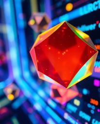Experience the vibrant energy of glitched geometric shapes floating in a cyberspace matrix. This captivating abstract art evo