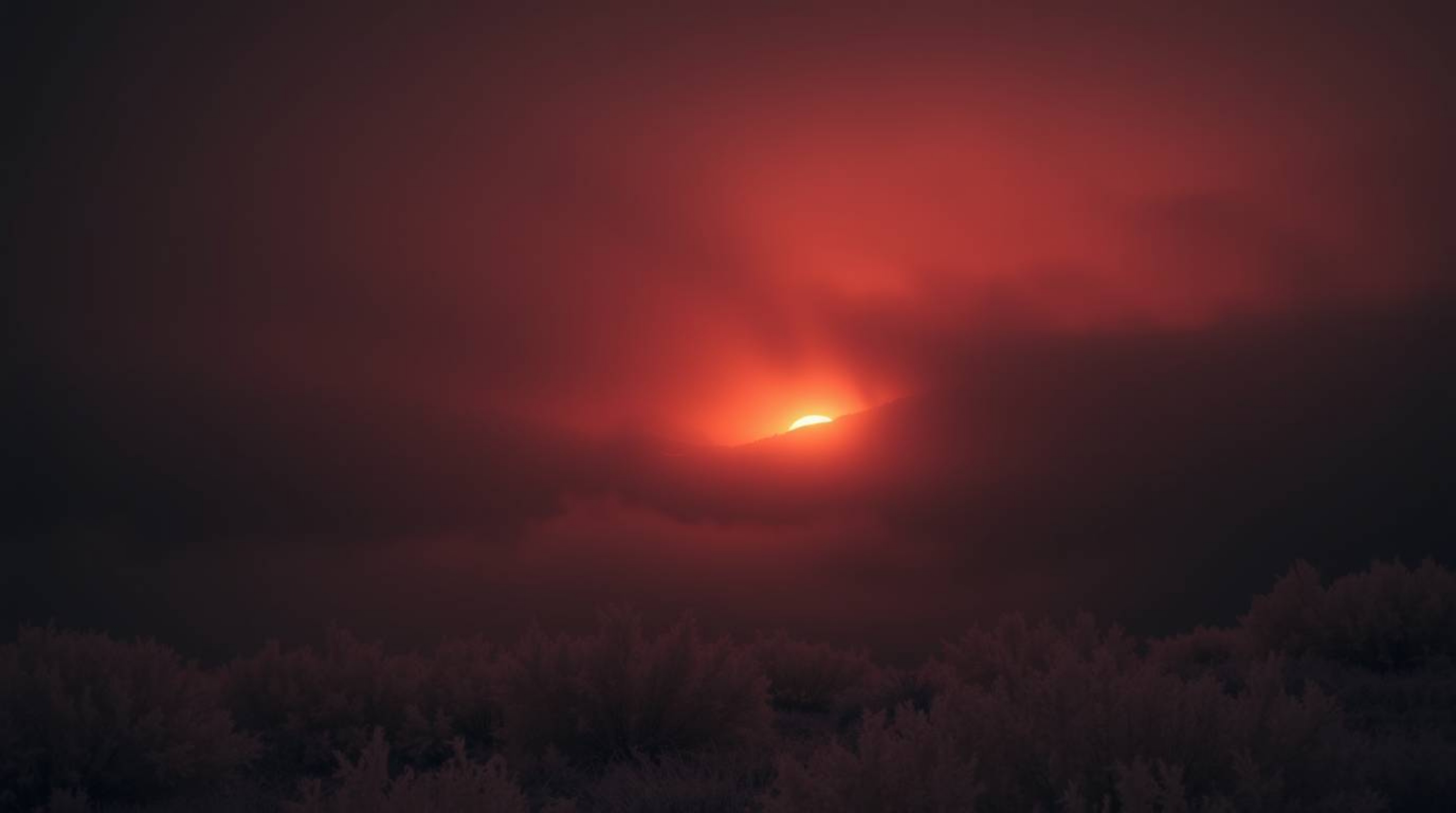 A captivating surreal infrared photograph depicting fog-covered hills bathed in the ethereal glow of a piercing sunset.  The 