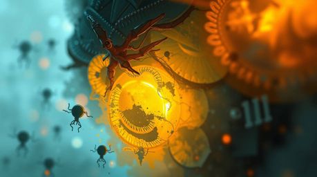 A captivating digital sketch showcasing extreme macro detail with glowing bioluminescent colors and a misty atmospheric effec