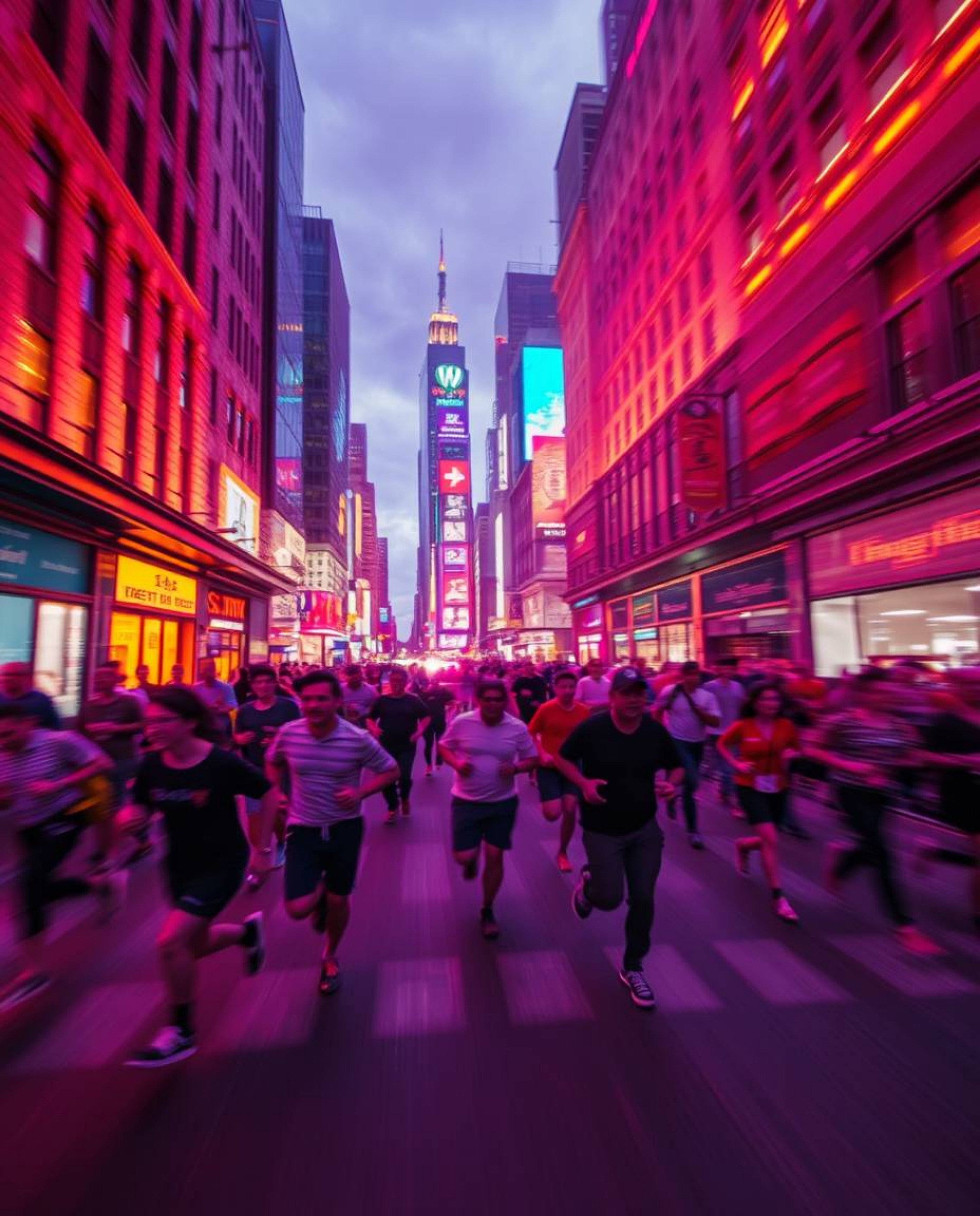 A city engulfed in flames depicts a scene of chaotic motion as people flee in all directions. Dominated by deep ultraviolet h