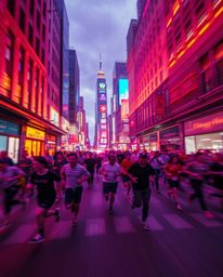 A city engulfed in flames depicts a scene of chaotic motion as people flee in all directions. Dominated by deep ultraviolet h