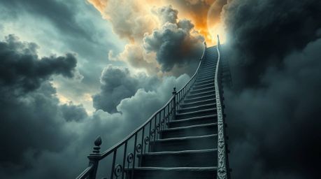 A captivating image depicts a winding stairway crafted from smoke and light, ascending into a vast, cloudy sky.  Rendered in 