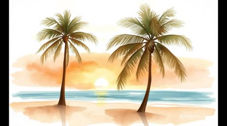 A delicate watercolor painting captures the serene beauty of a tropical sunset beach. Palm trees sway gently as translucent w