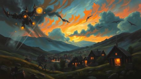 This moody painting captures a dynamic and active cozy village nestled in a valley beneath a vibrant, colorful sky. The artwo