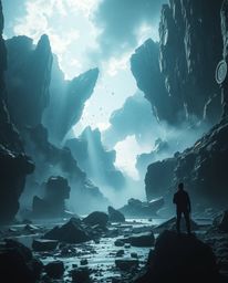 Experience a modern, futuristic epic scene featuring a digital glitch landscape breaking apart, dramatically viewed through v