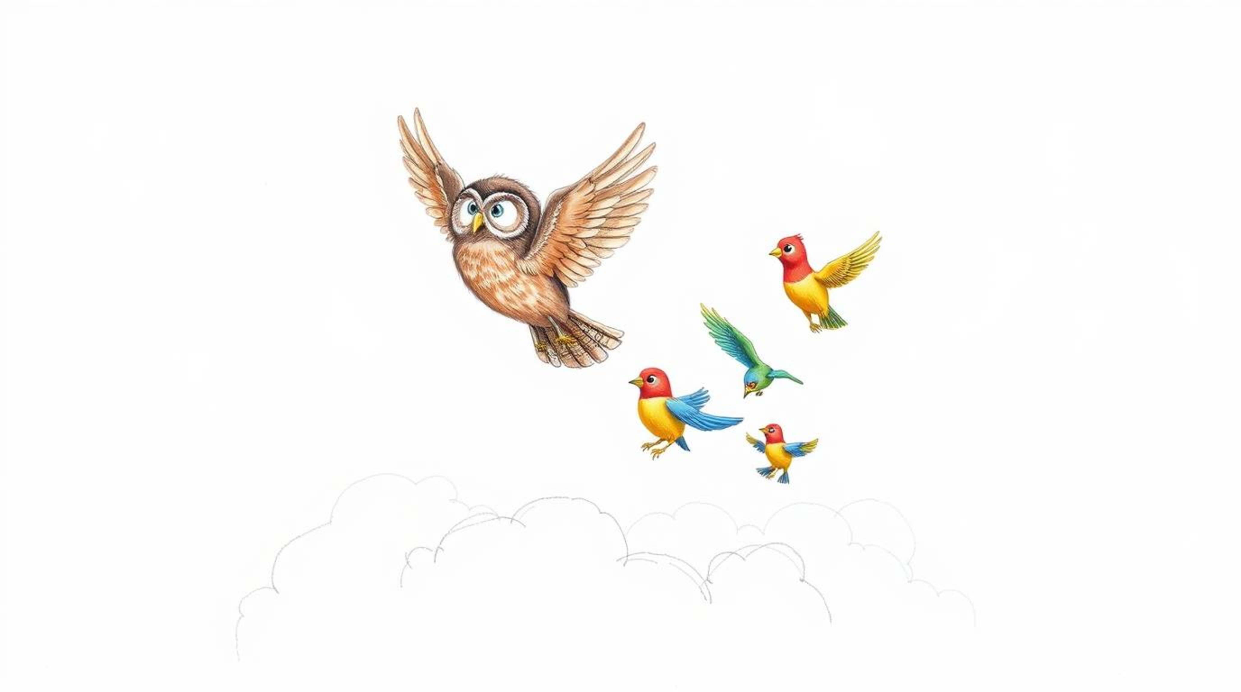 A charming hand-drawn sketch in Pixar style depicts a blind, brown owl passionately teaching a group of vibrant birds how to 
