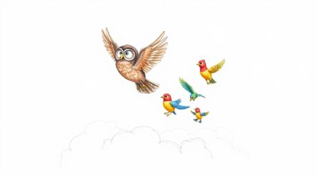 A charming hand-drawn sketch in Pixar style depicts a blind, brown owl passionately teaching a group of vibrant birds how to 