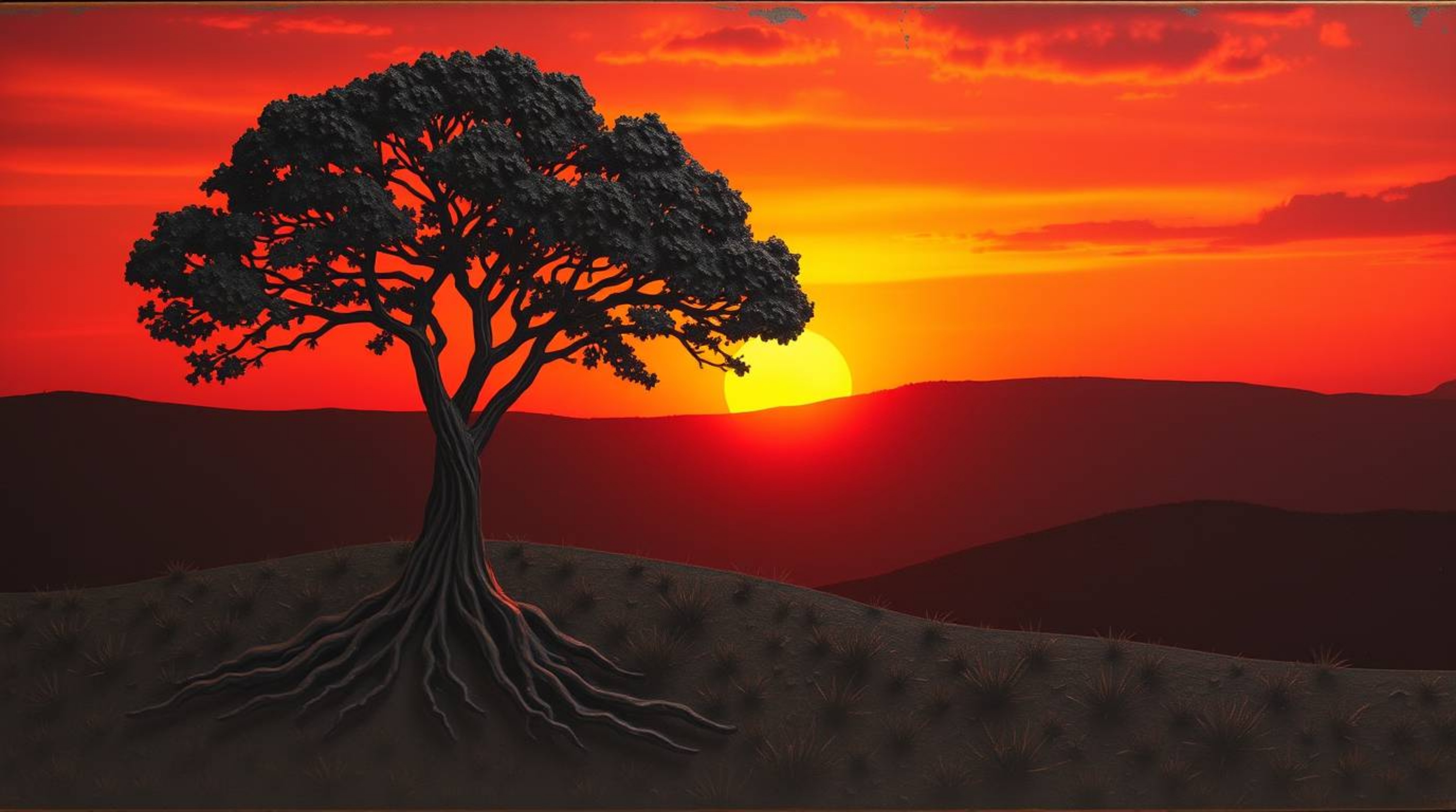 This captivating bronze sculpture depicts a lone tree silhouetted against a vibrant fiery sunset.  Rendered with a distinct s