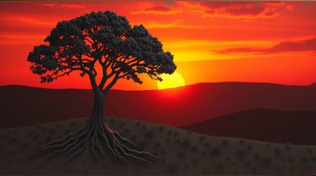 This captivating bronze sculpture depicts a lone tree silhouetted against a vibrant fiery sunset.  Rendered with a distinct s