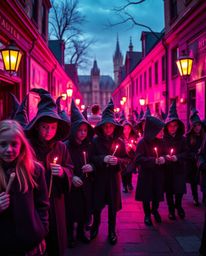 Capture the enchanting world of young wizards in candid street photography, bathed in deep ultraviolet hues and high contrast