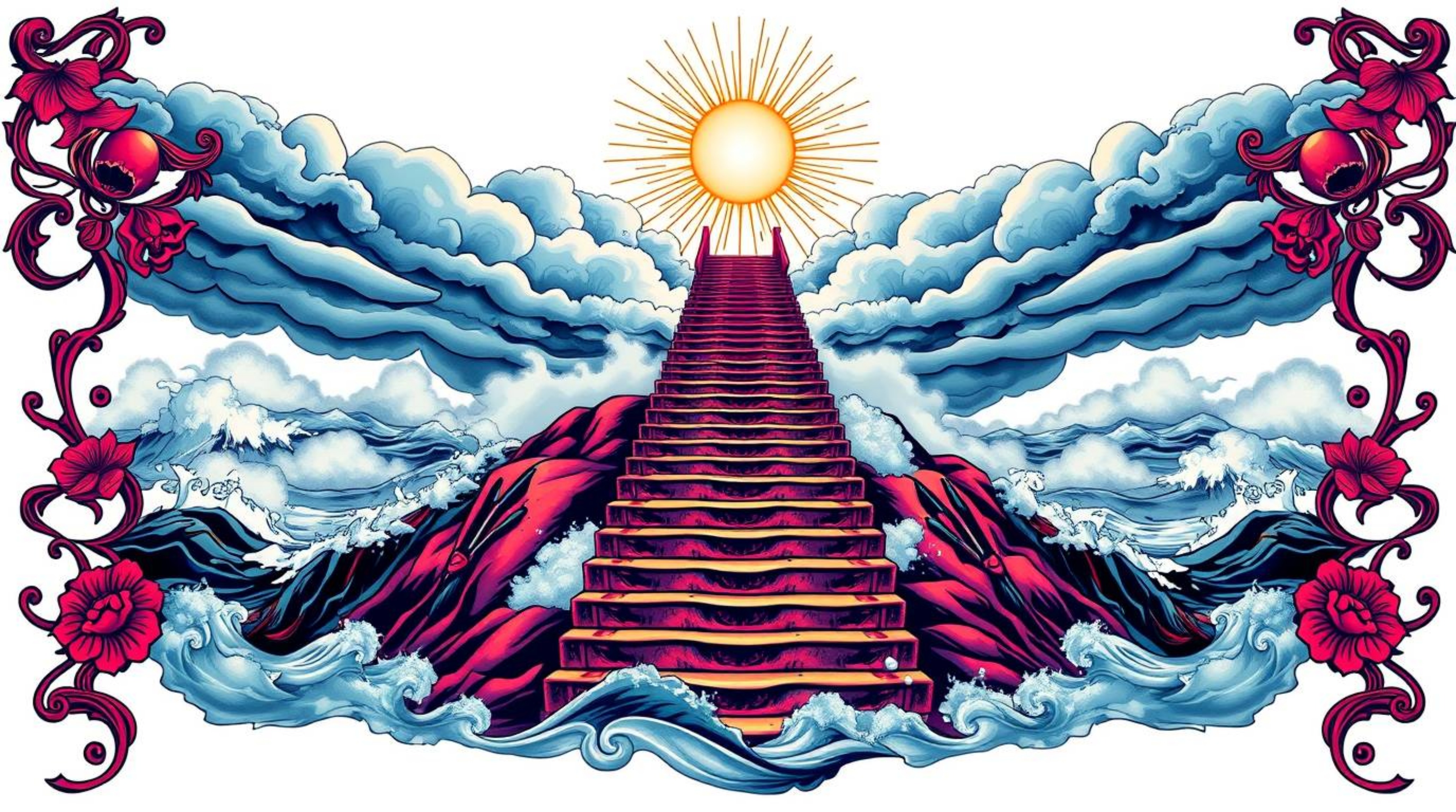 This striking image features a staircase dramatically rising from the ocean into a turbulent sky, illuminated by a radiant su