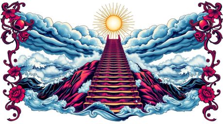 This striking image features a staircase dramatically rising from the ocean into a turbulent sky, illuminated by a radiant su