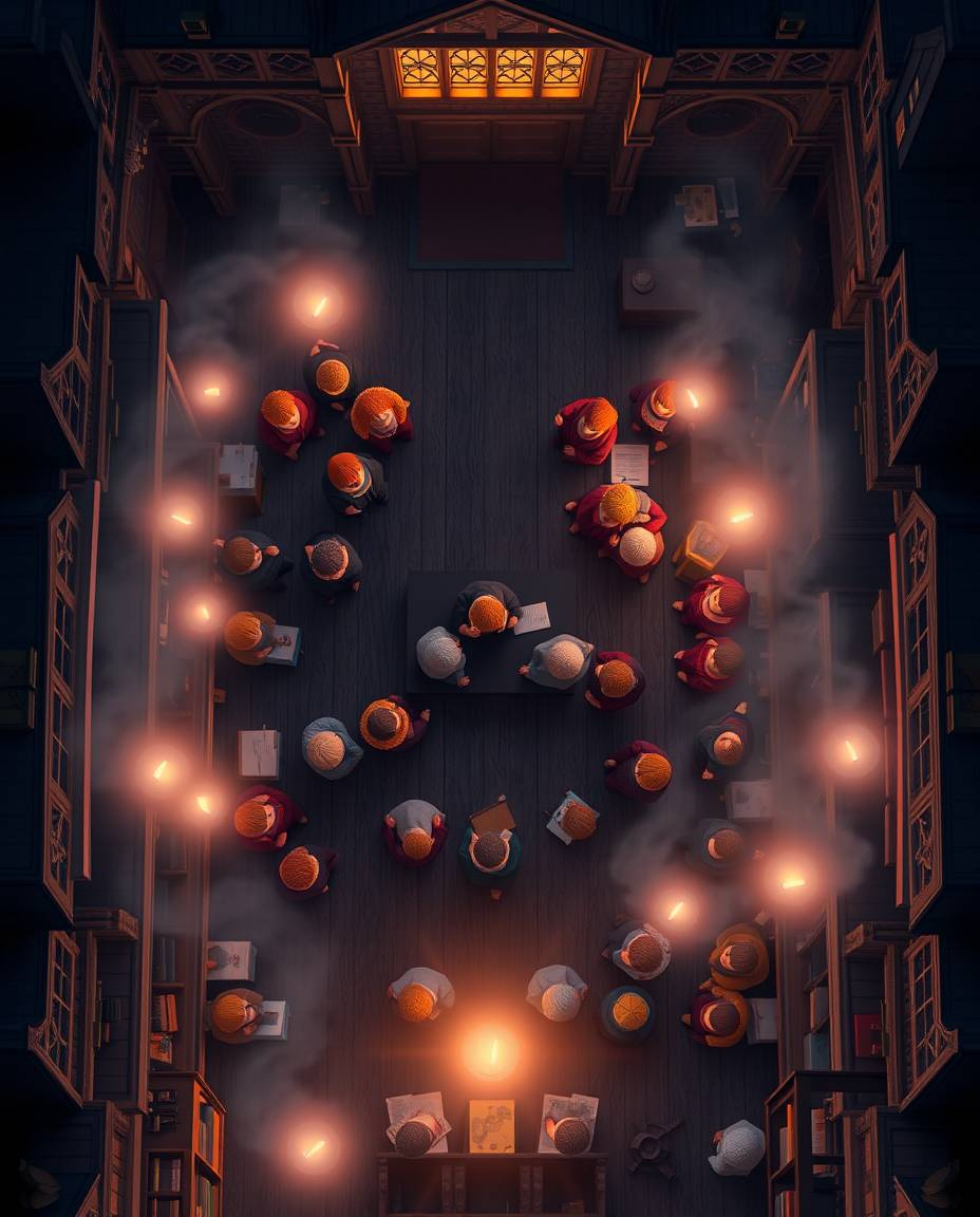 Experience a breathtaking overhead bird's-eye view of a magical school brimming with young wizards. The artwork features a sm