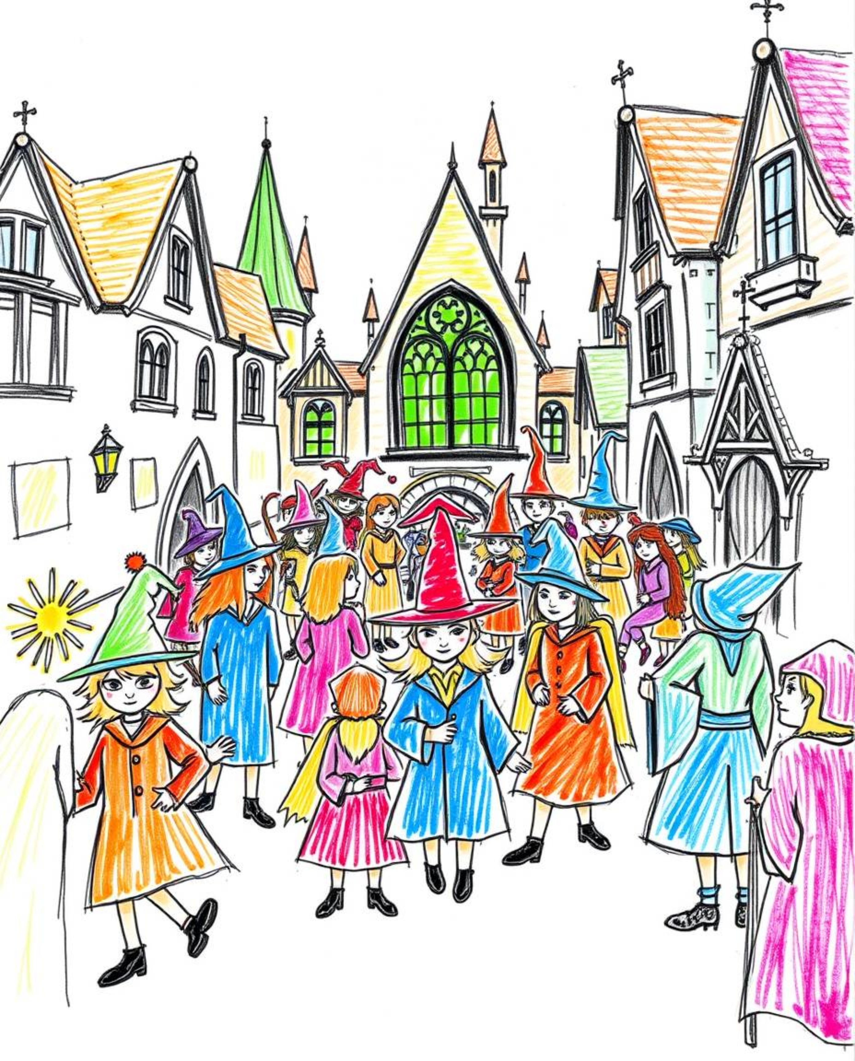A hand-drawn sketch of a magical school teeming with lively, energetic young wizards, rendered with bright, vibrant colors. T