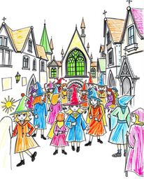 A hand-drawn sketch of a magical school teeming with lively, energetic young wizards, rendered with bright, vibrant colors. T