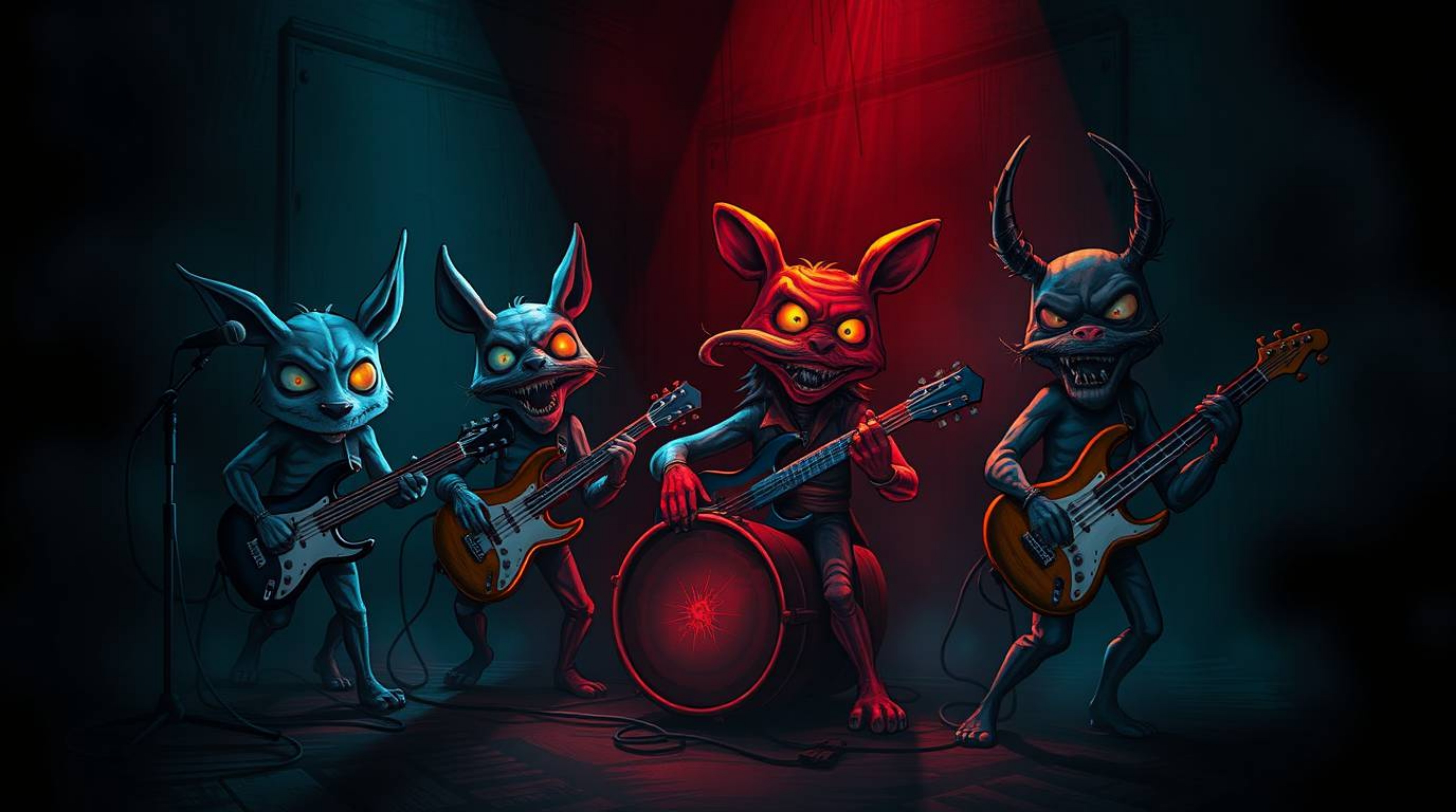 Immerse yourself in a creative light art depiction of a cartoon band of animals playing rock music. This piece captures an ee