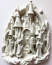 A captivating sculptural clay art piece depicting a magical school teeming with young wizards, showcasing expertly modeled sh