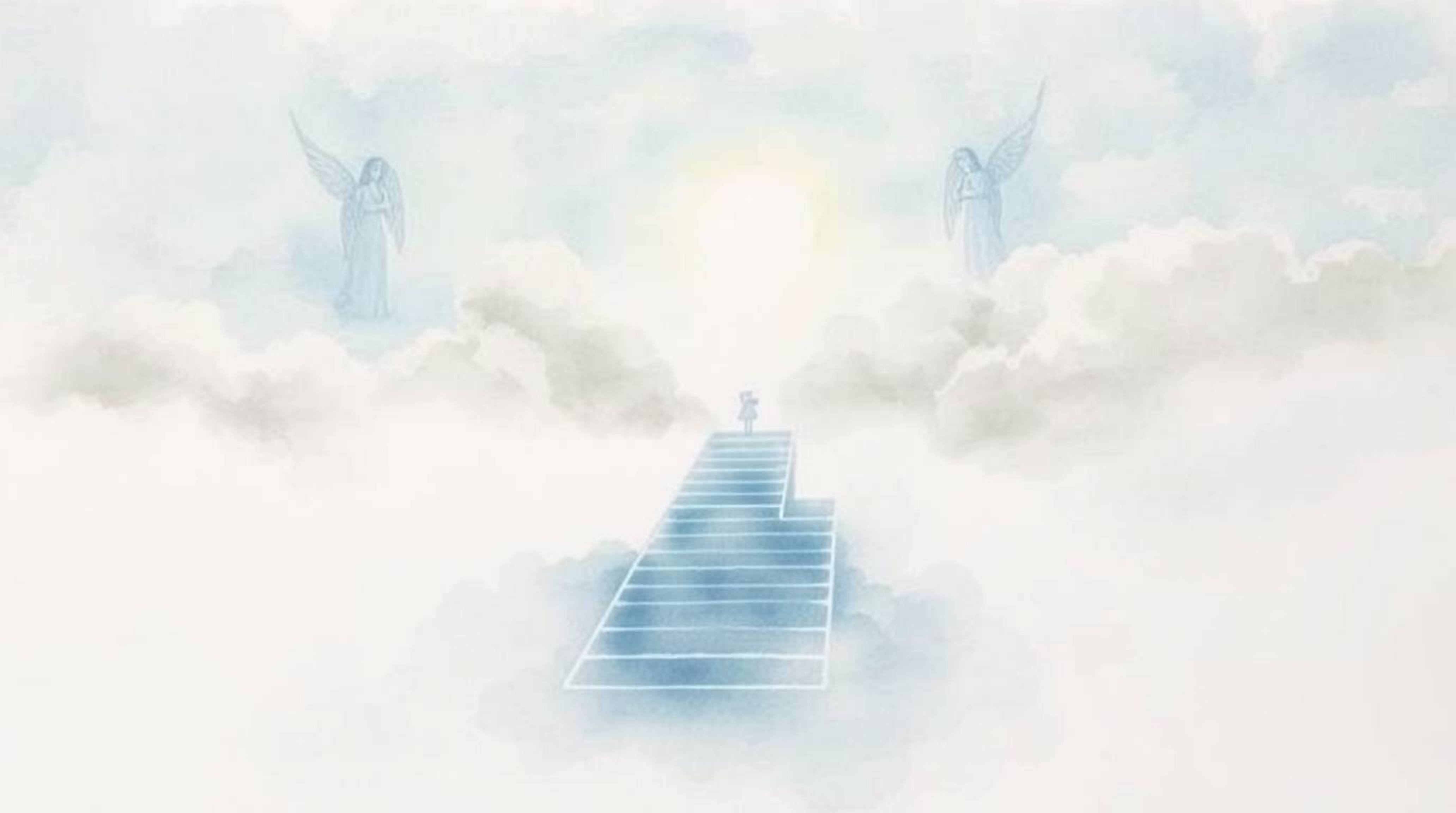 This artwork depicts a delicate watercolor painting featuring steps of light ascending into a cloudy sky, with angelic figure