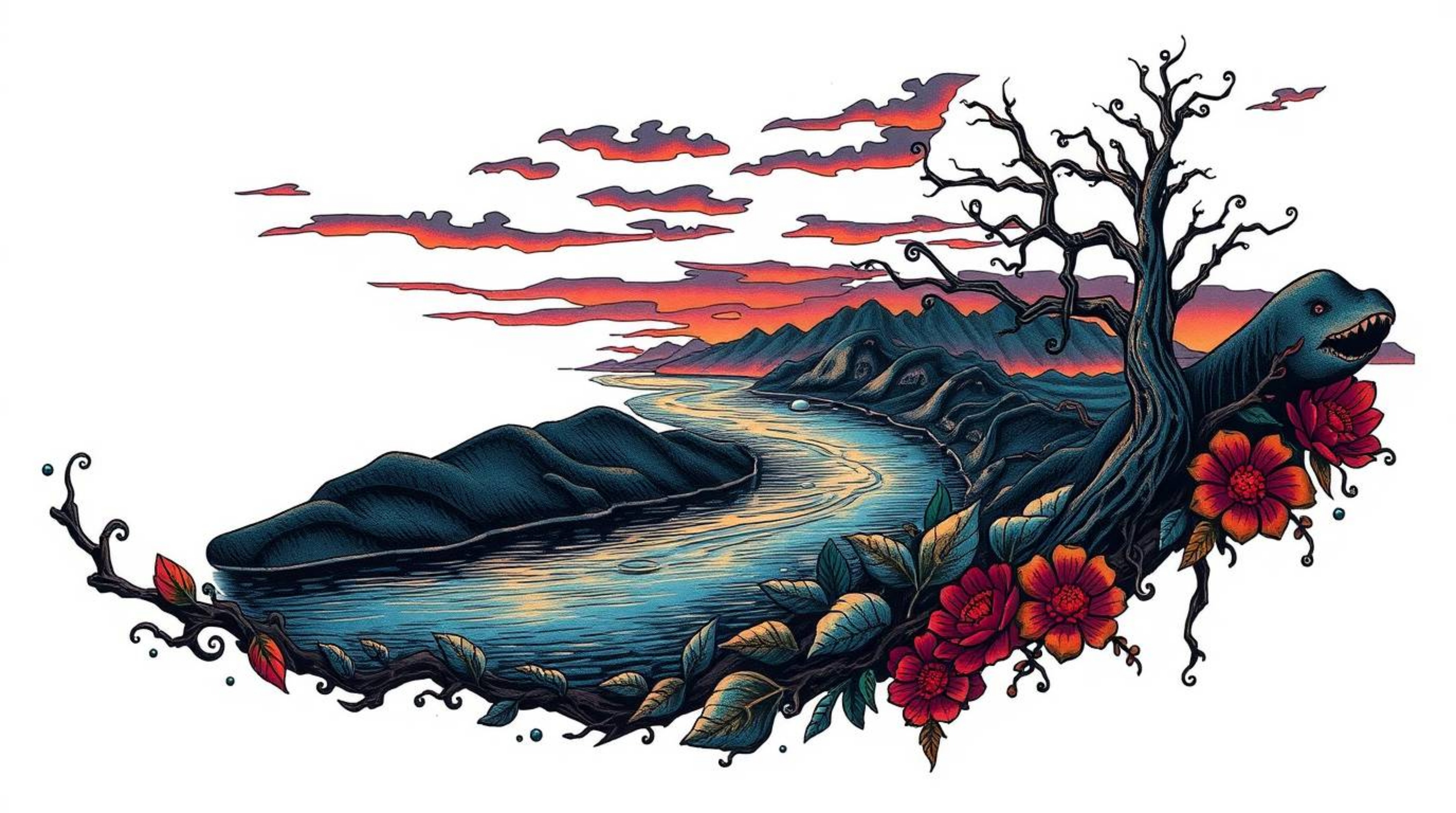 A stunning symbolic tattoo art print showcasing a river delta bathed in the glowing colors of twilight.  The piece boasts a s