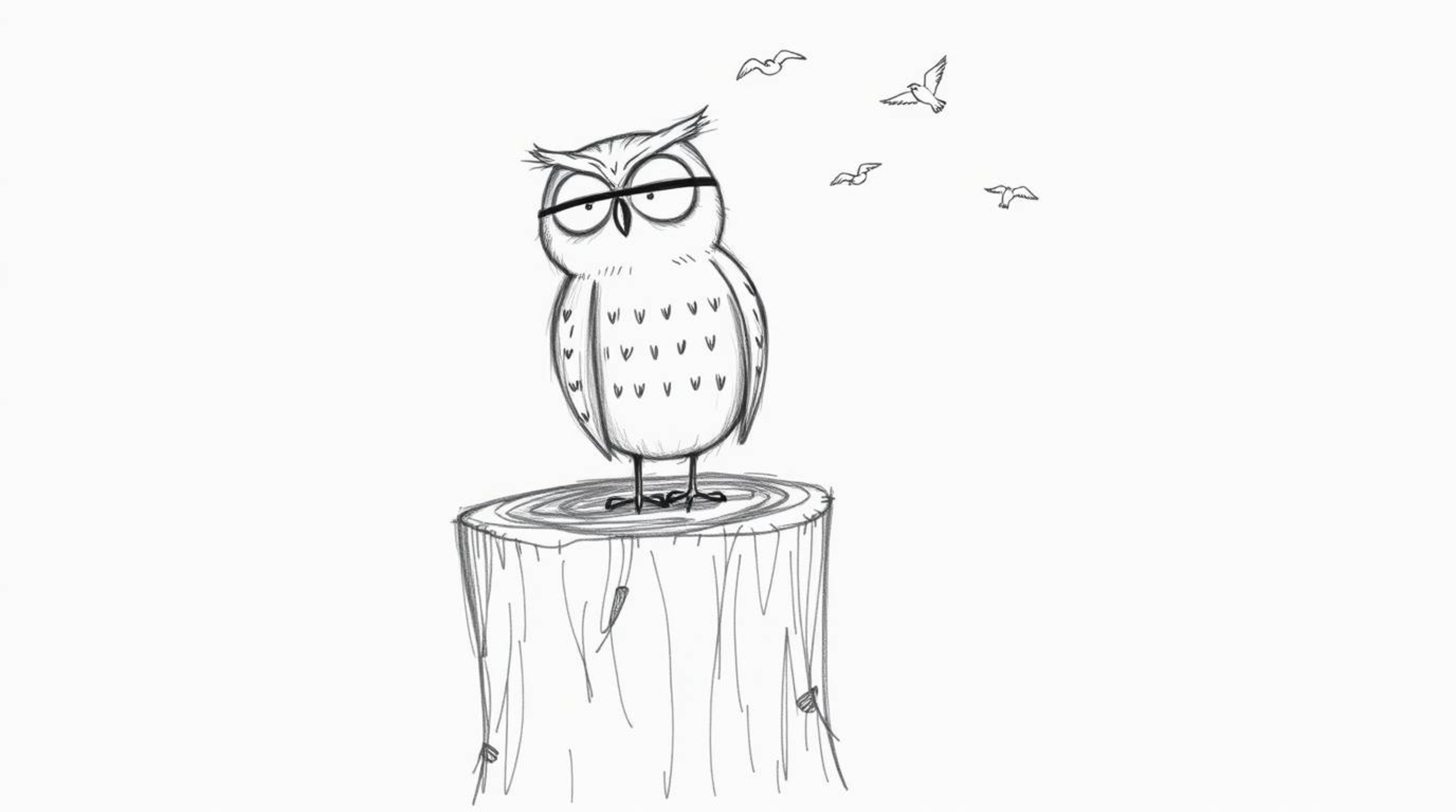 A heartwarming hand-drawn sketch in the Pixar style depicting a blind owl with a gentle smile, perched on a textured tree stu