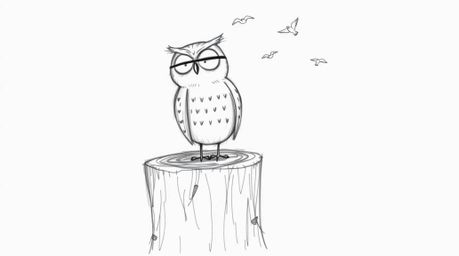 A heartwarming hand-drawn sketch in the Pixar style depicting a blind owl with a gentle smile, perched on a textured tree stu