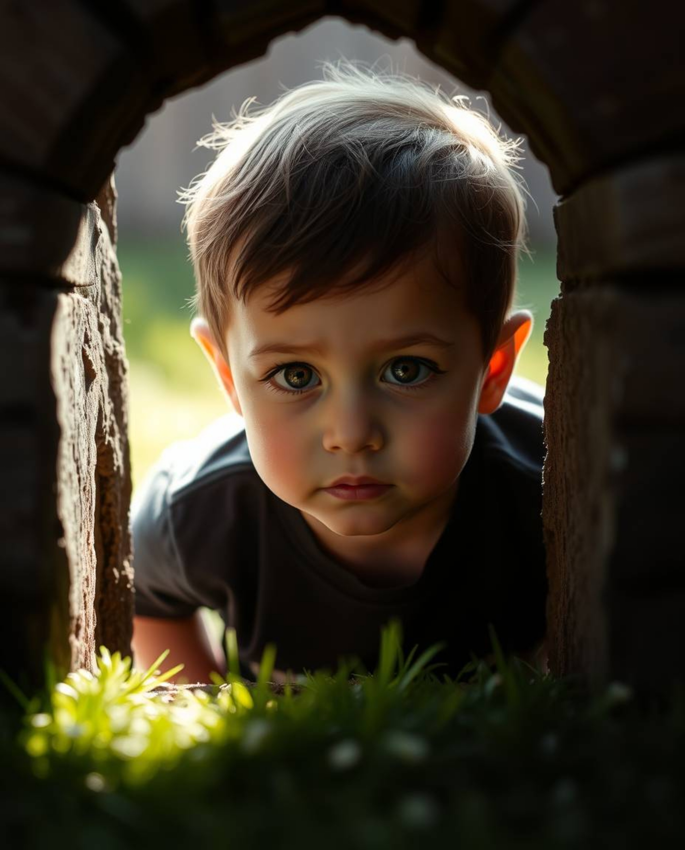 A captivating high-resolution stock photo depicts a child intensely focused on discovering a magical portal in their backyard