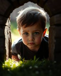 A captivating high-resolution stock photo depicts a child intensely focused on discovering a magical portal in their backyard
