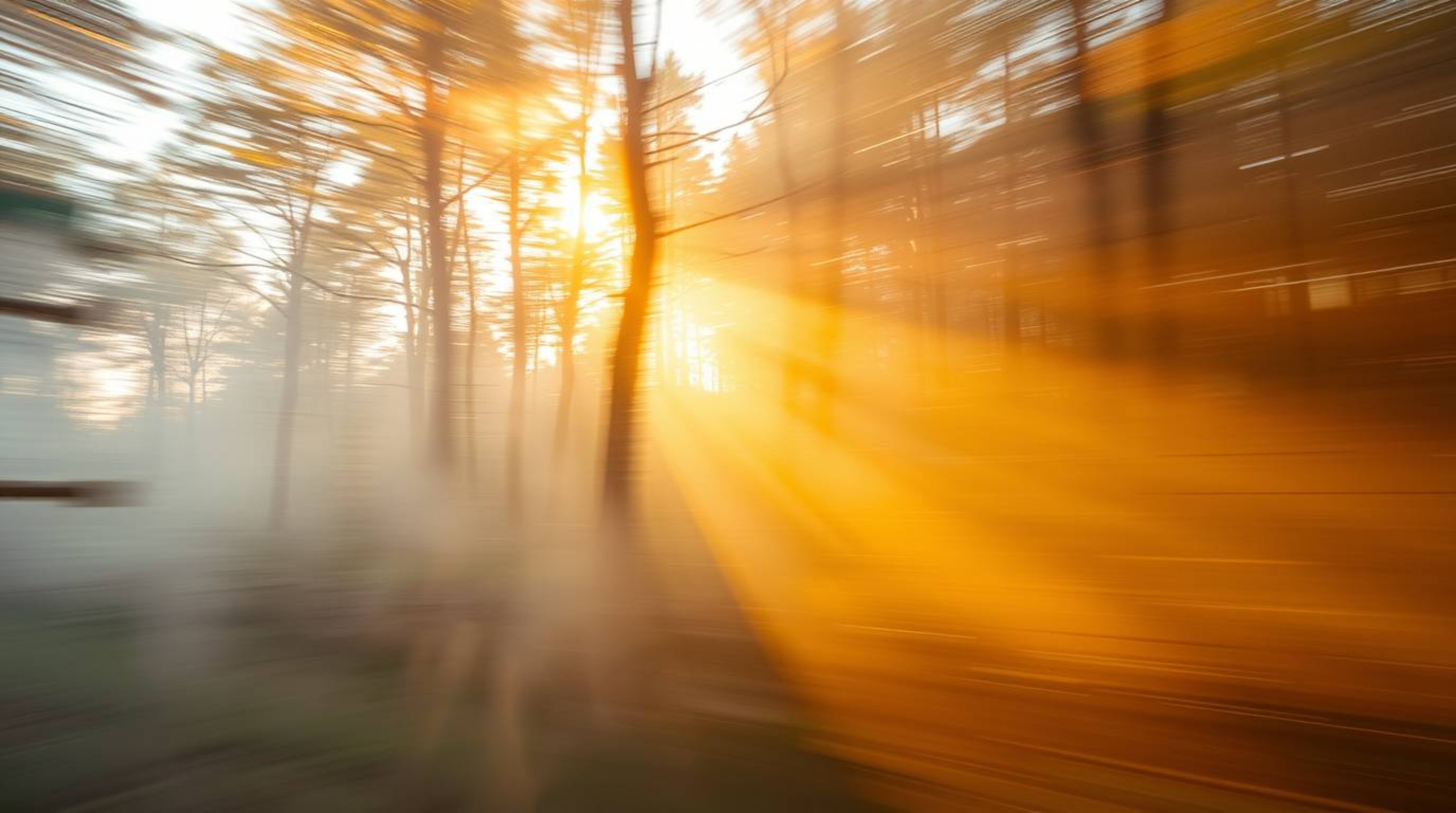 Experience stunning visuals of volumetric lighting in a forest at golden hour.  Witness dynamic mist rising, blurred lines, a