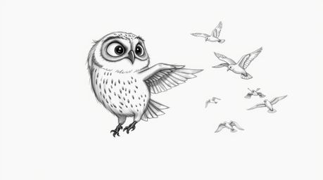 A captivating hand-drawn sketch depicts a blind owl, possessing a gentle expression, imparting wisdom to birds in flight.  Re