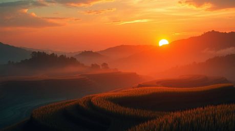 A captivating digital painting depicts a serene sunset over breathtaking rice terraces.  Warm terracotta hues blend seamlessl