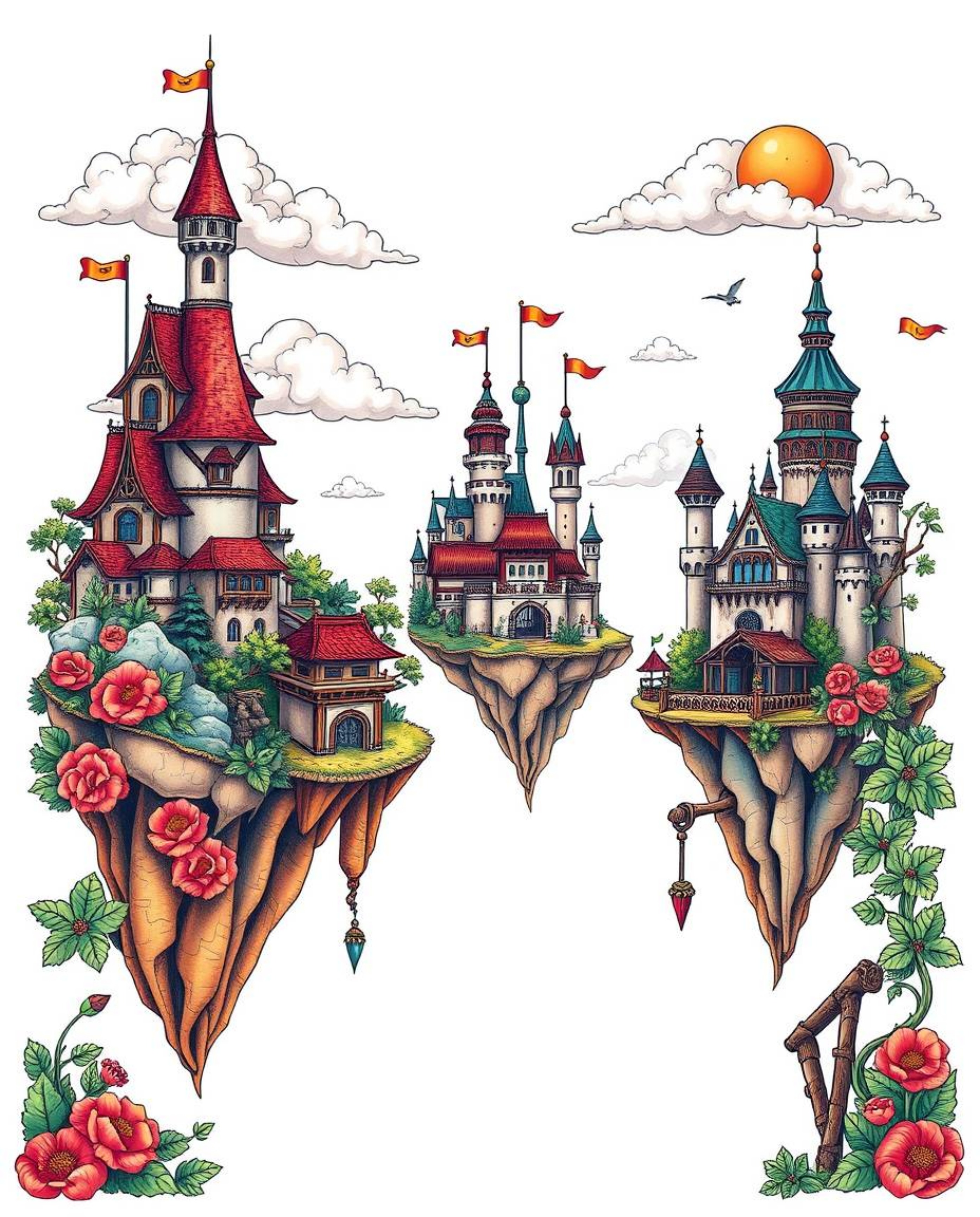 Experience a vibrant kingdom brought to life with floating islands and majestic castles, all rendered in a captivating tradit