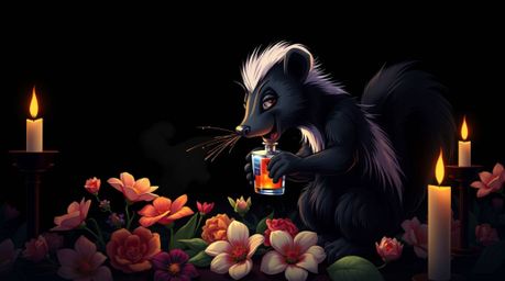 A meticulously detailed cartoon skunk sprays perfume on vibrant flowers, set against a pure black backdrop with deep shadows.
