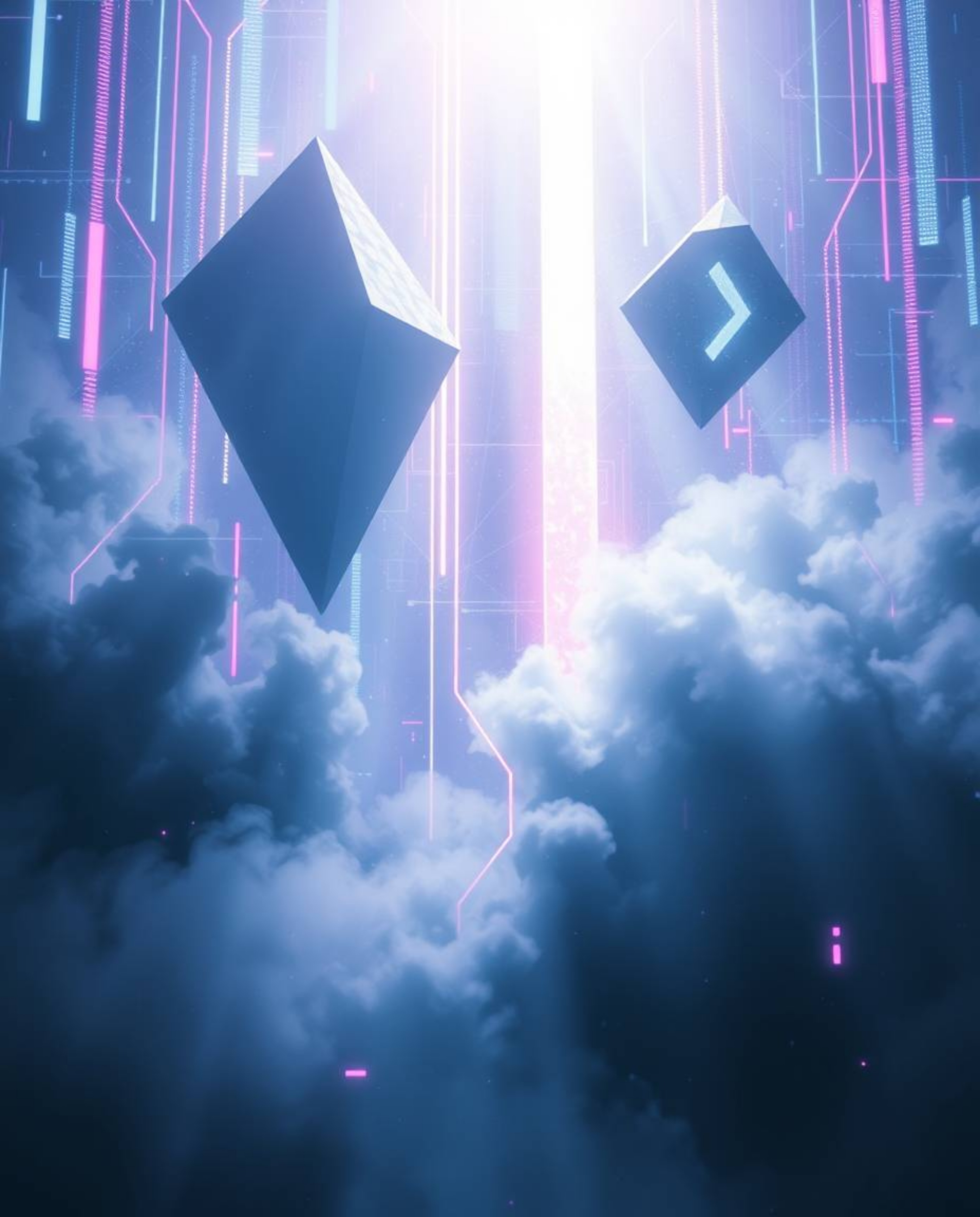 An expressive Isekai anime-style image showcasing volumetric lighting and glitched geometric shapes floating within a cybersp