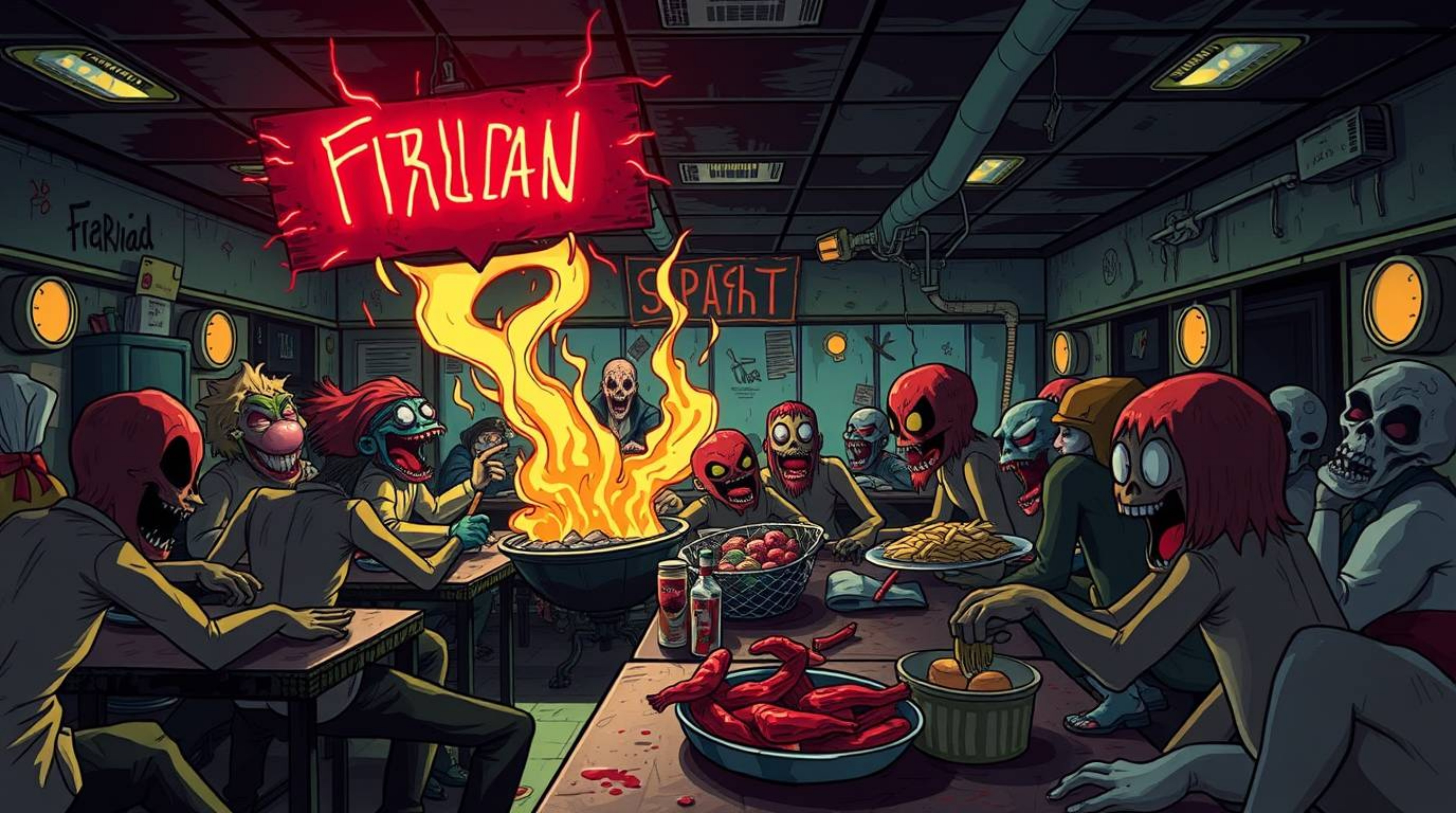 Experience a chaotic cartoon cafeteria food fight, infused with an eerie and unsettling atmosphere. Electric and vivid colors