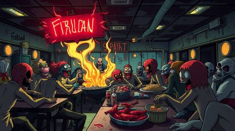 Experience a chaotic cartoon cafeteria food fight, infused with an eerie and unsettling atmosphere. Electric and vivid colors