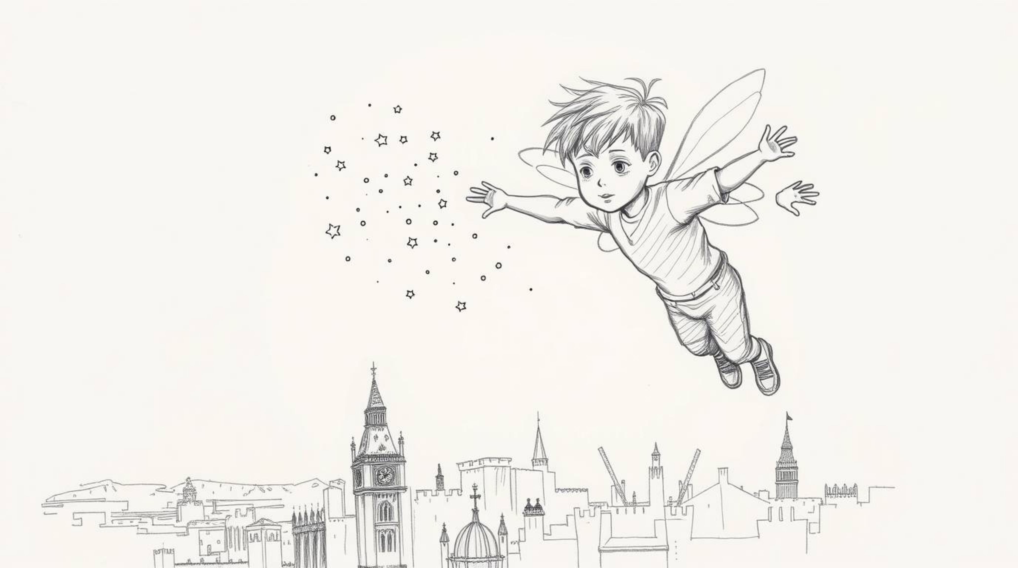 A captivating hand-drawn sketch depicts a young boy soaring above a dramatic, stormy London skyline, sprinkled with magical p