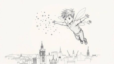 A captivating hand-drawn sketch depicts a young boy soaring above a dramatic, stormy London skyline, sprinkled with magical p