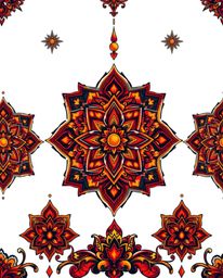 This dramatic and cinematic traditional tattoo art print showcases vibrant red, orange, and yellow Islamic geometric stone ca