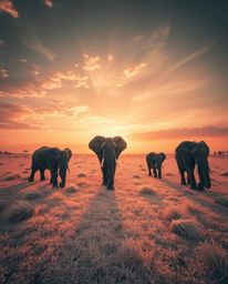 This is a surreal, high-angle perspective infrared image of elephants walking across a field at sunset. The entire scene is r