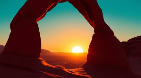 This captivating modern flat design showcases a breathtaking desert sunset framed by a natural rock arch, rendered in simple,