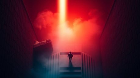 A lone figure ascends a majestic stone staircase towards a divine beam of light amidst a rich burgundy and deep blue sunset, 