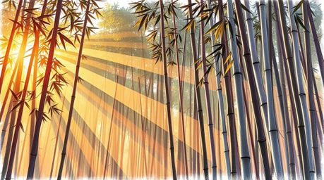 A vibrant, hand-drawn color sketchnote captures the serene beauty of a bamboo forest illuminated by a warm sunset. The artwor