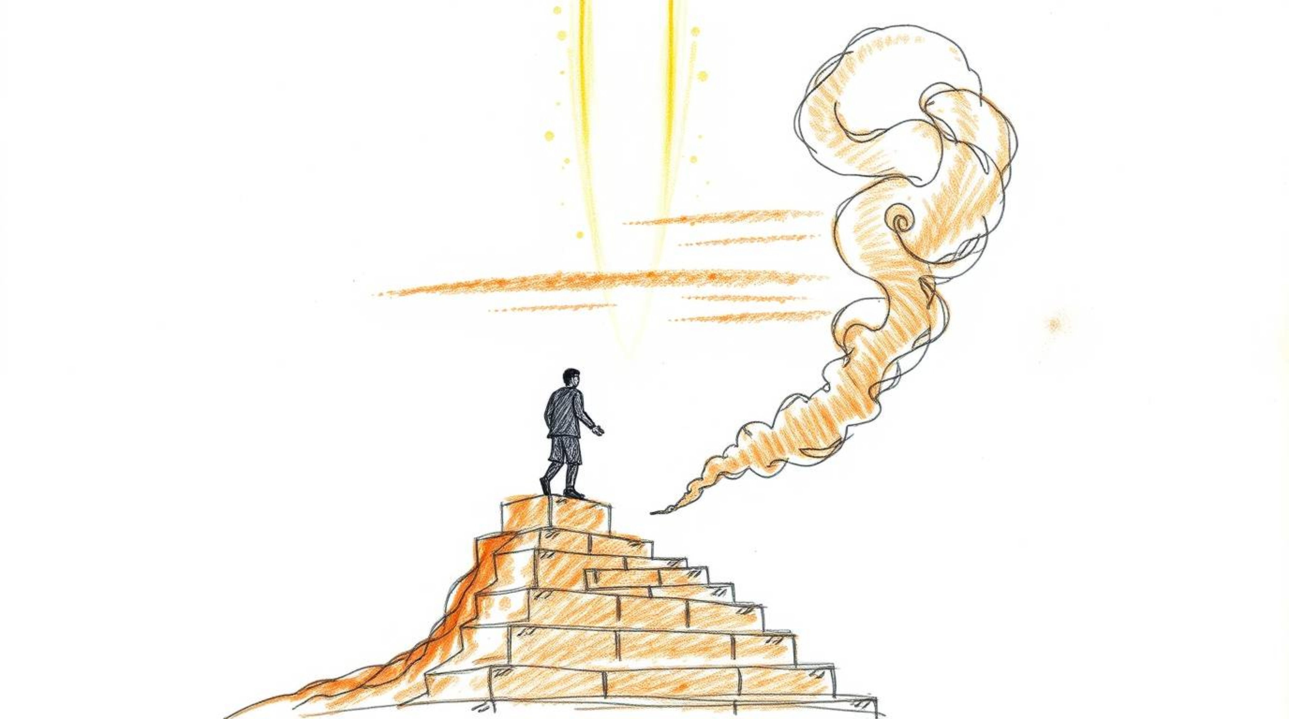 A hand-drawn sketch in warm autumn colors portrays a solitary figure ascending a stone staircase towards a divine beam of lig