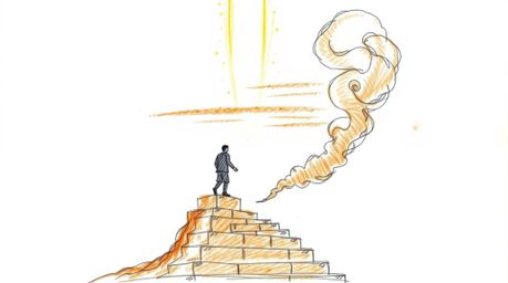 A hand-drawn sketch in warm autumn colors portrays a solitary figure ascending a stone staircase towards a divine beam of lig