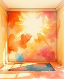 A captivating watercolor painting depicts a room erupting in a vibrant explosion of paint, bathed in a warm golden glow. The 
