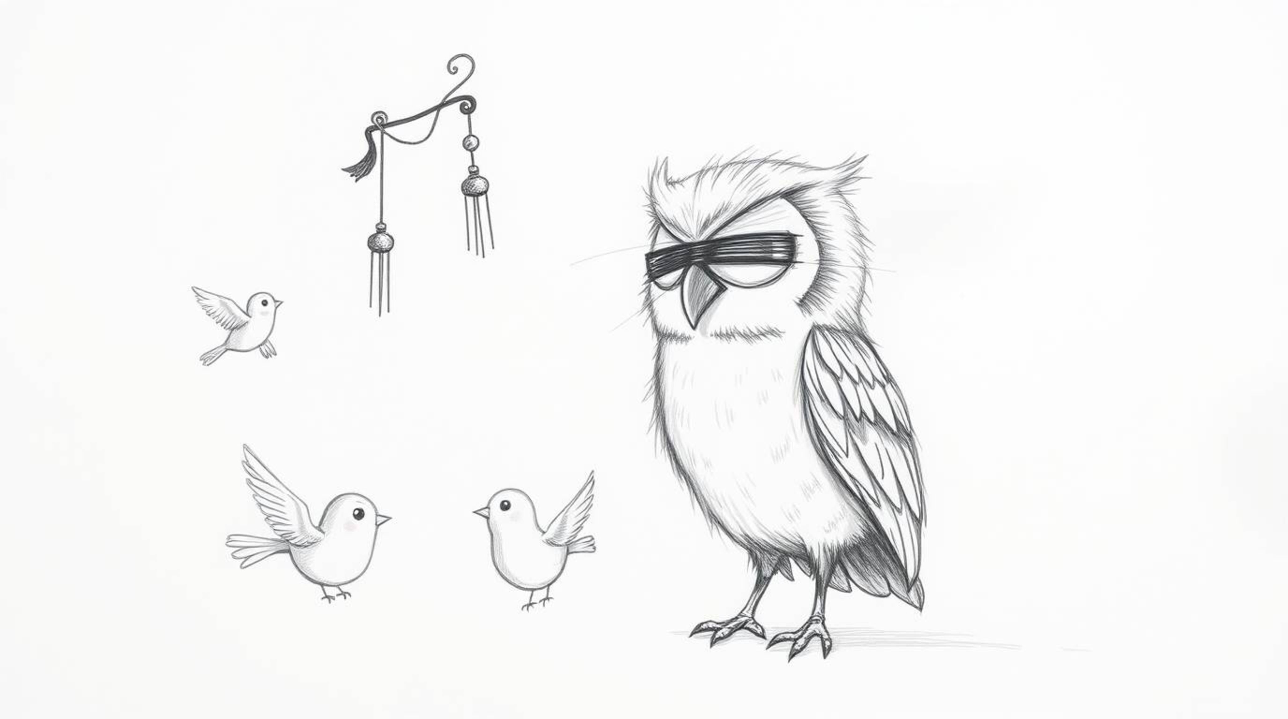 A heartwarming hand-drawn sketch in the style of Pixar portrays a blind owl, characterized by its soft, feathery texture, pat